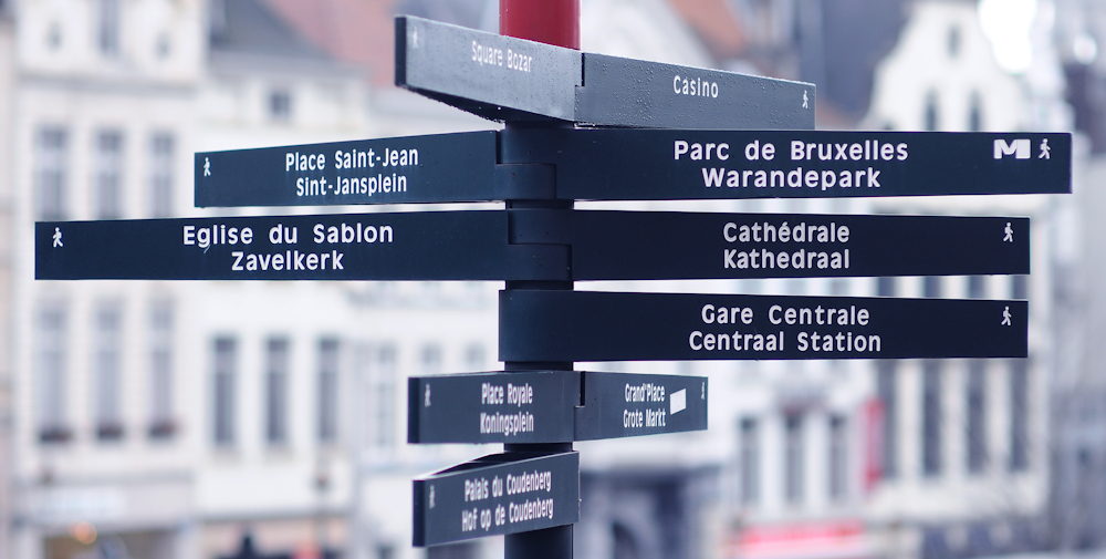Signpost in various languages in Brussels, Belgium